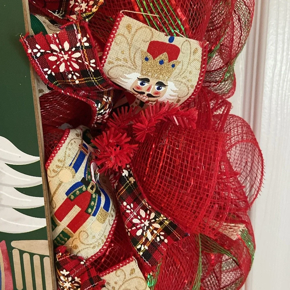 24” Nutcracker Christmas Handmade Mesh Wreath w/ Wooden Nutcracker Sign